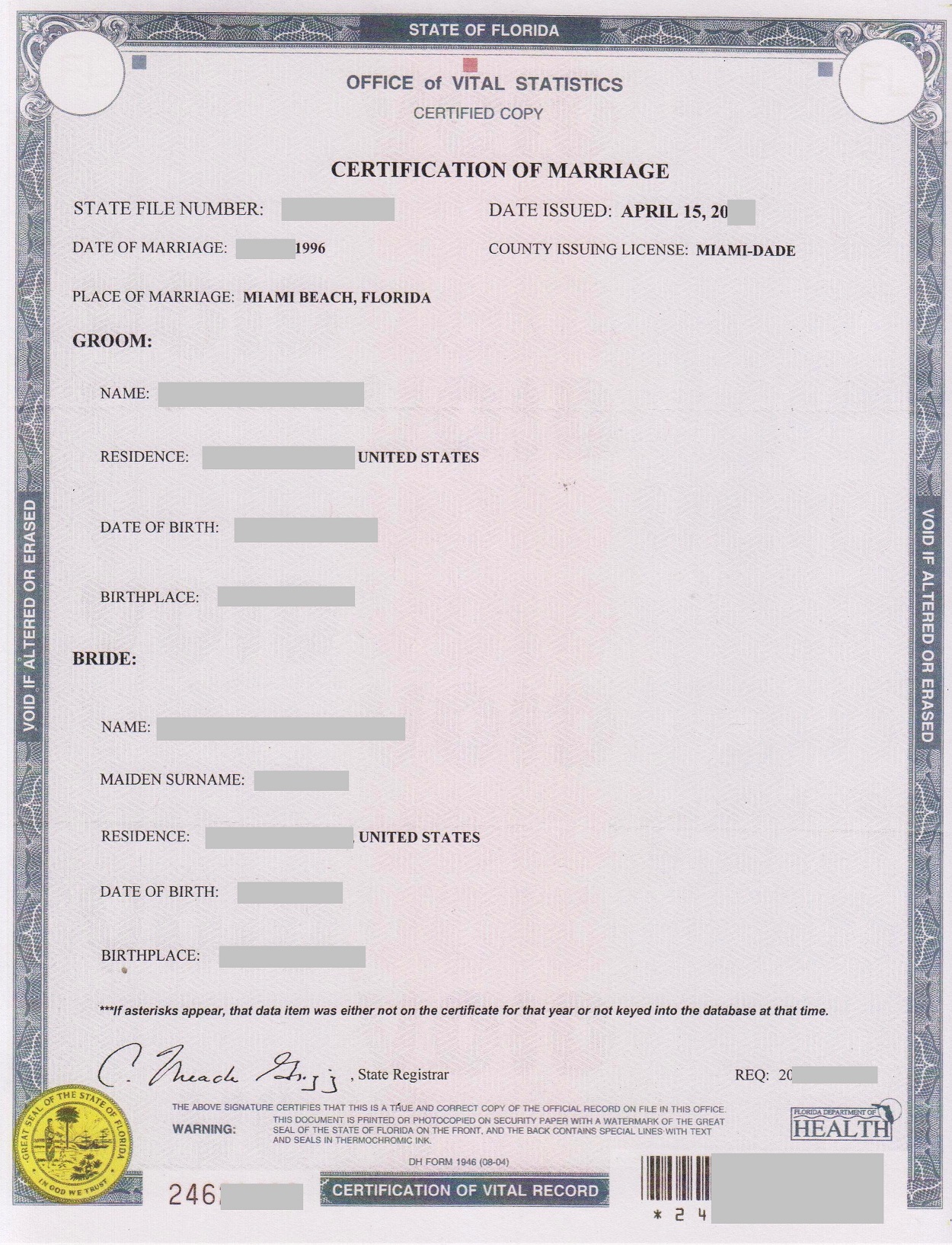 florida marriage certification eligible for apostille