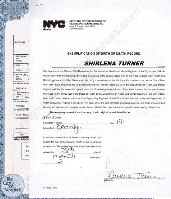 New York City birth certificate with Exemplification Letter birth certificate exemplified new york