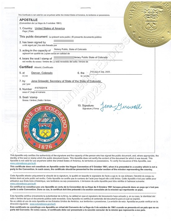 Colorado apostille Hague apostille from Colorado