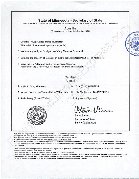 Minnesota apostille Apostille from Minnesota