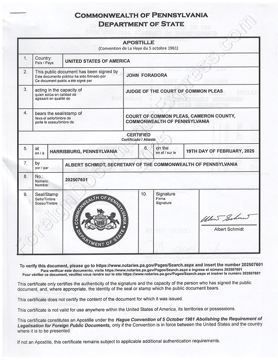 Pennsylvania state apostille