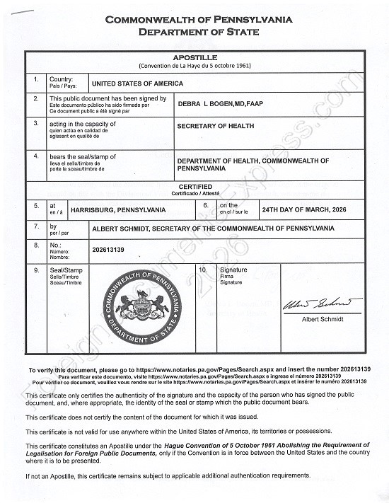 Pennsylvania Hague apostille Pennsylvania state apostille