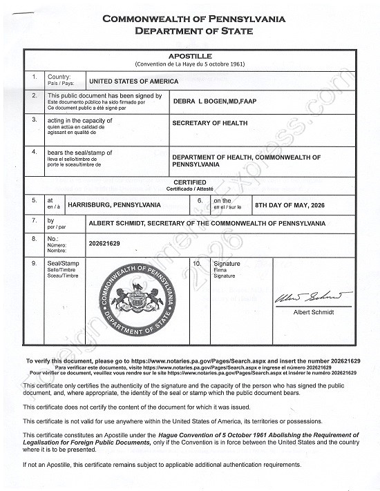 Pennsylvania Hague apostille Pennsylvania state apostille