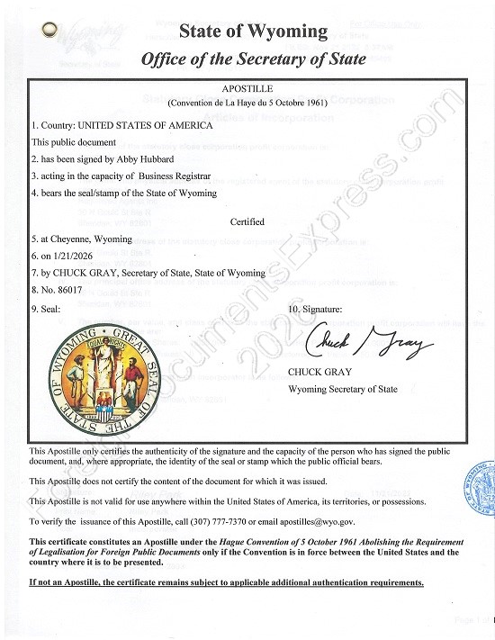 Wyoming apostille Official Wyoming Secretary of State Apostille Sample with Great Seal