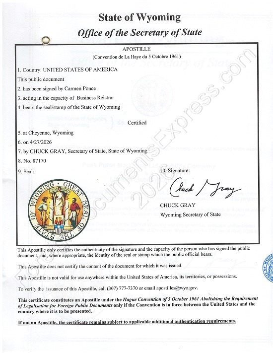 Wyoming Hague apostille Official Wyoming Secretary of State Apostille Sample with Great Seal