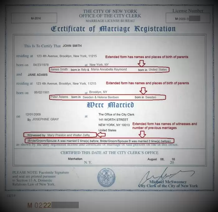 NYC extended (long form) marriage certificate