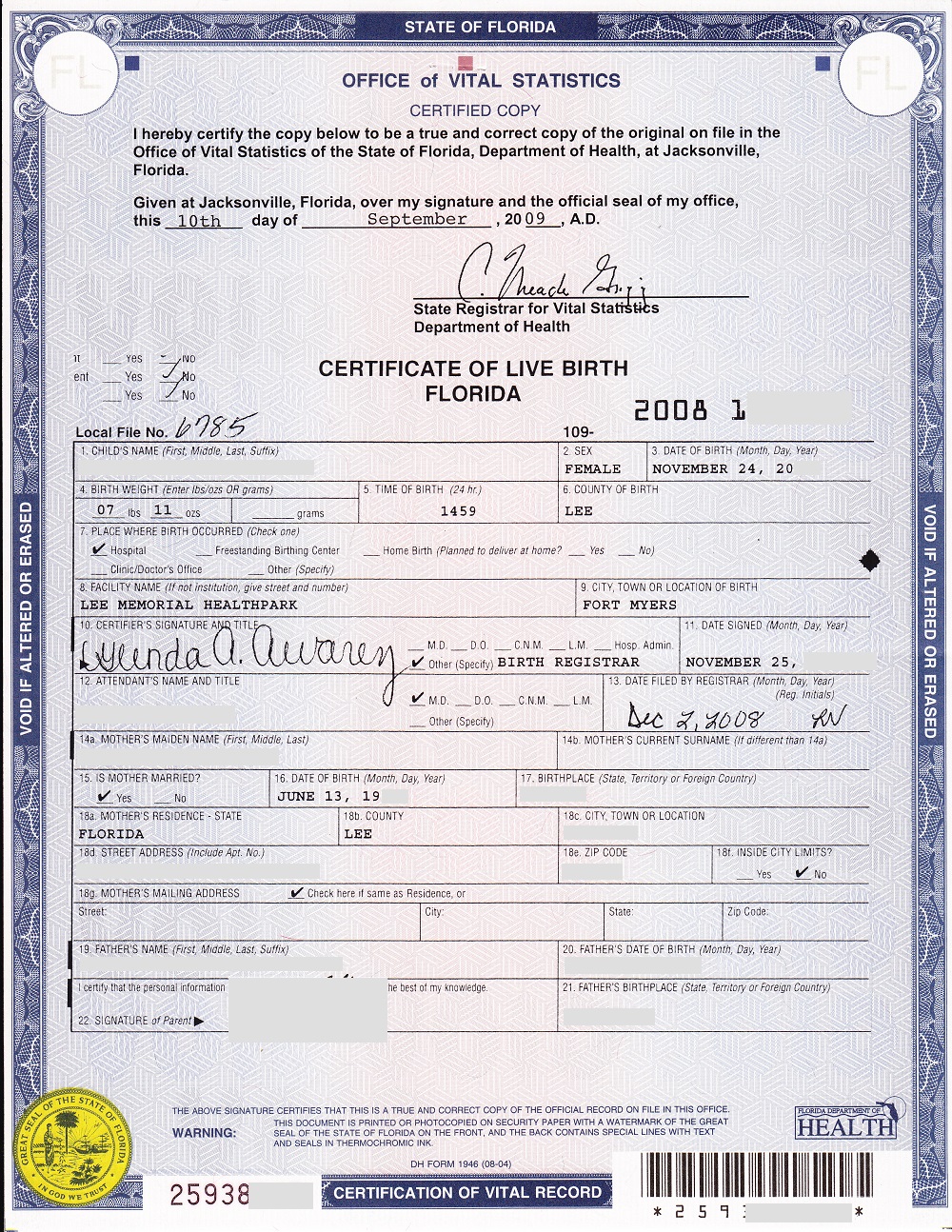 Florida birth certificate with Hague apostille order online U.S