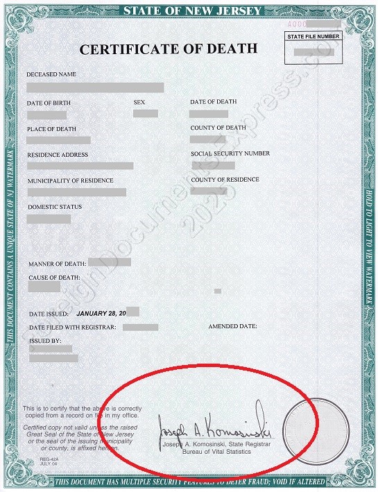 New Jersey death certificate eligible for a NJ apostille new jersey death certificateW