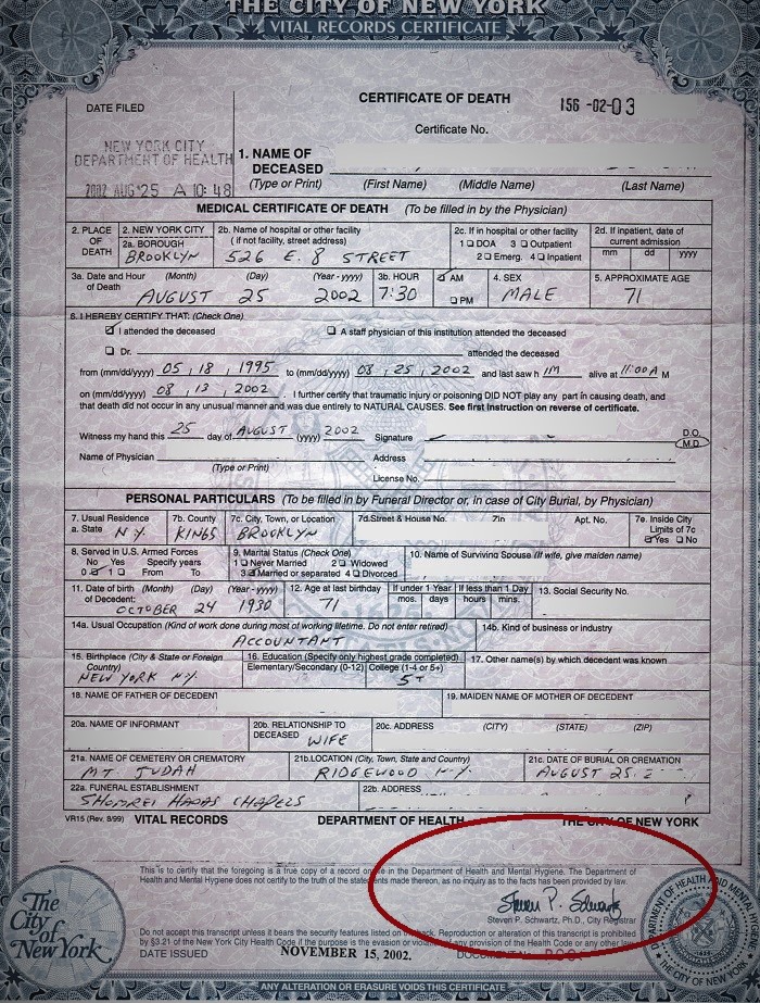 New York State Death Certificate Sample - prntbl ...