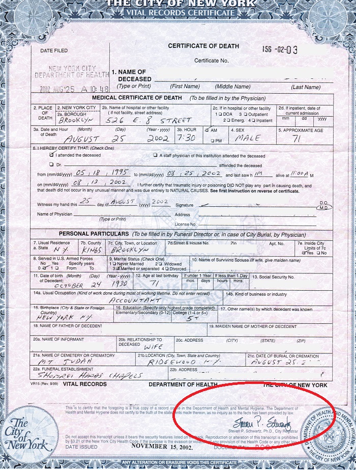 New York State Death Certificate Sample prntbl