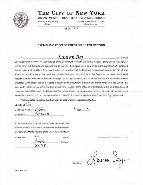 exemplification letter death certificate nyc
