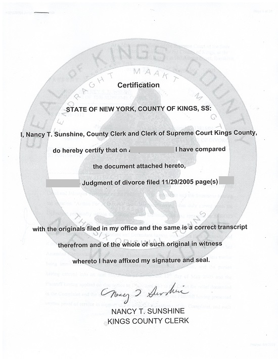 New York divorce judgment certification Kings county divorce judgment certified new york