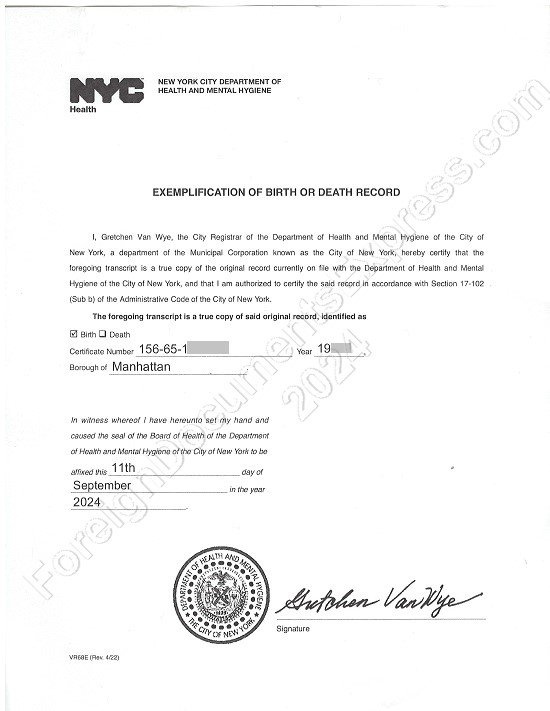 Birth certificate with exemplification letter